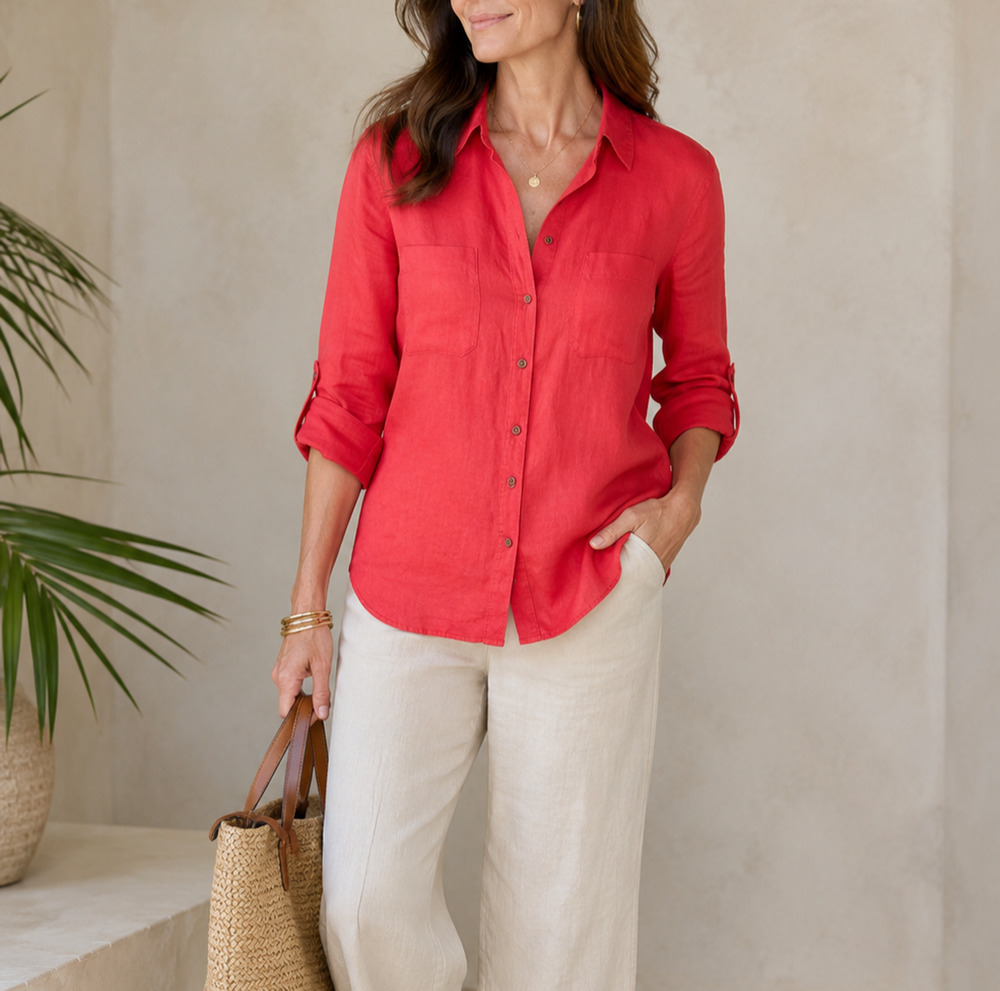 Eileen Fisher Irish Linen & Cotton Shirt Size Medium Coral Red Button Front Top